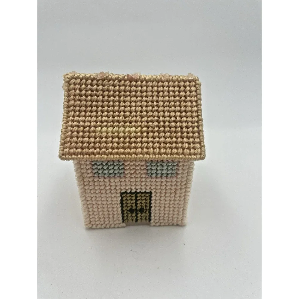 Vtg 70s Handmade Yarn Needlepoint Completed‎ School House Candy Plastic Canvas